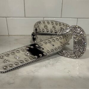 Nocona White and Black Haircalf Studded Western Belt with Ornate Silver Buckle